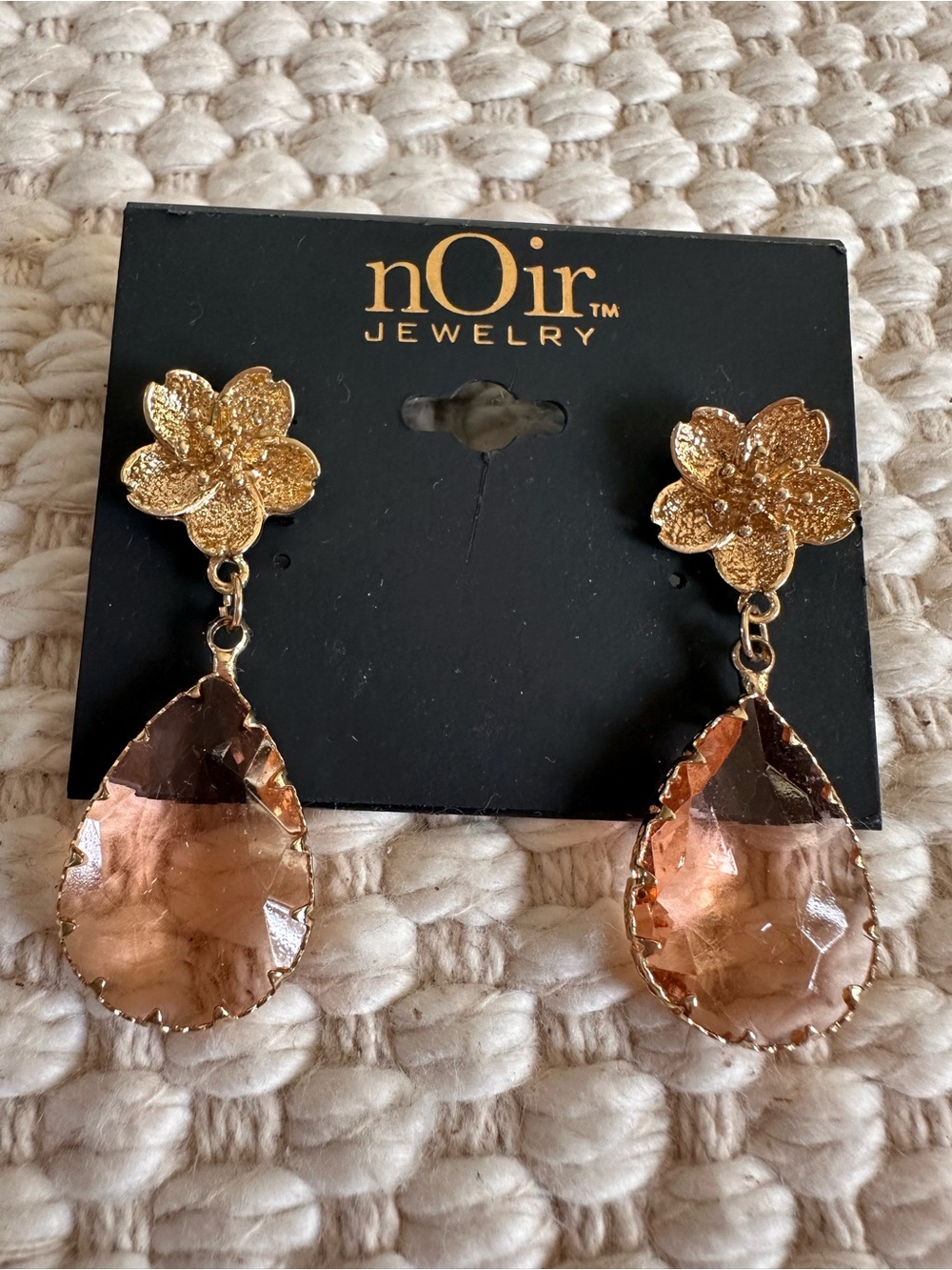 nOir Jewelry Gold Floral Drop Earrings with Peach Teardrop Crystals